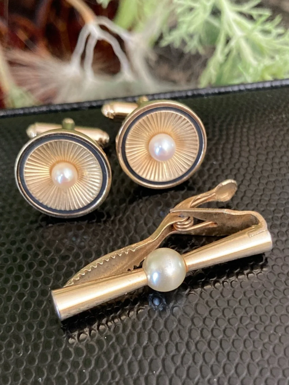 Vintage Anson Gold Tone Pearl  Anson Cufflinks & Swank Tie Bar Dress Set